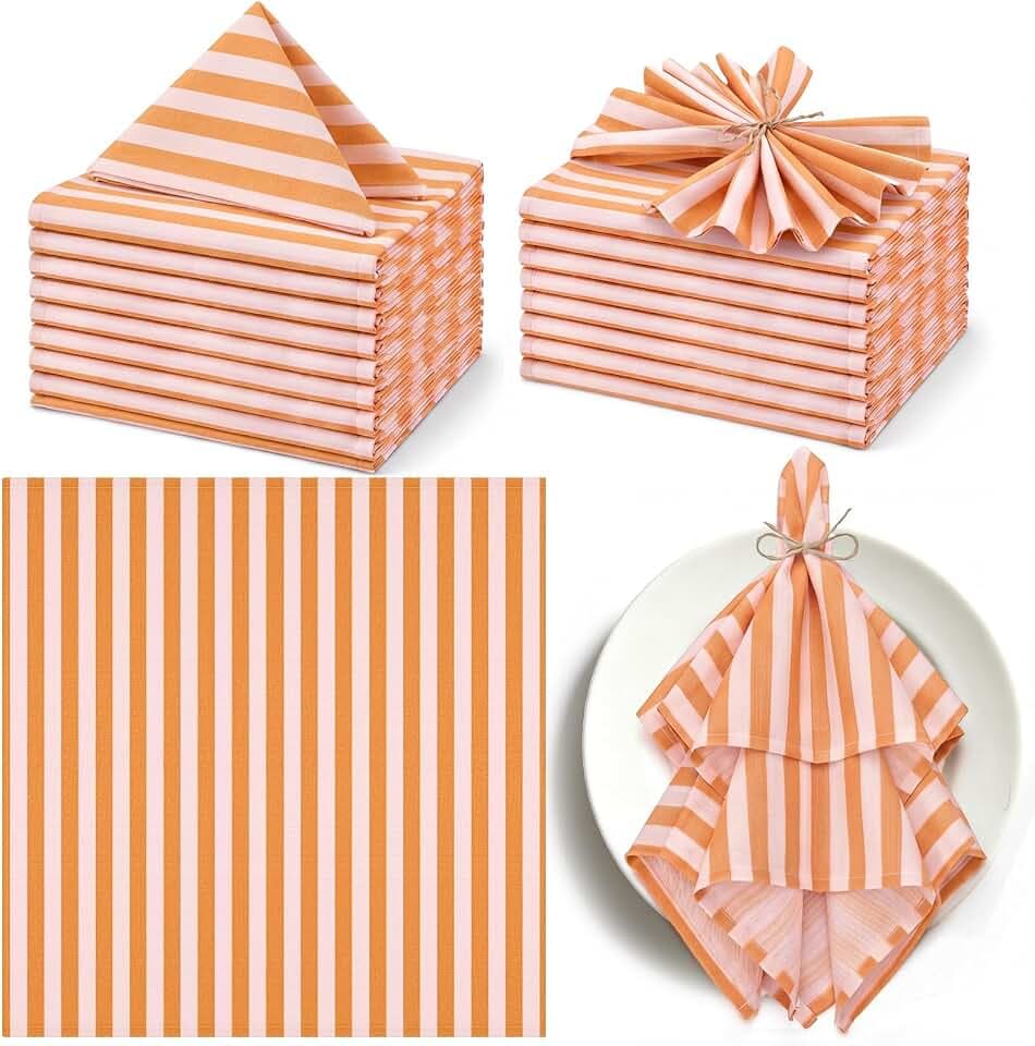 Funnymoom 12 Pcs Orange Pink Striped Cloth Napkins Reusable Home Decor