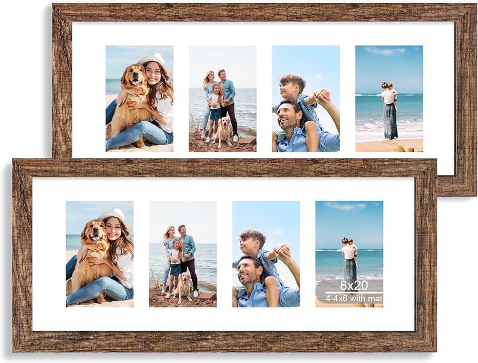 Hongkee 8x20 Picture Frame Set of 2, Collage Four 4x6 with Mat, Real Glass