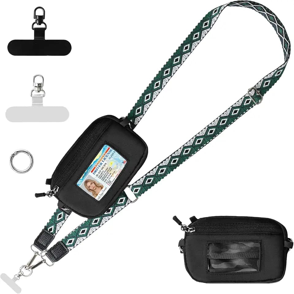 Clip and Go Strap for Phone with Wallet Crossbody Lanyard (Black Green)