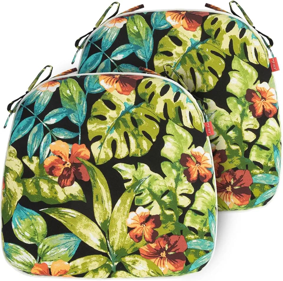 Indoor/Outdoor Chair Cushions 17"X16"X2" with Ties for Dining Chairs Set of 2, Waterproof U-Shaped Chair Pads, Foam Seat Cushions for Patio Kitchen Garden Office-Green Tropical Leaves