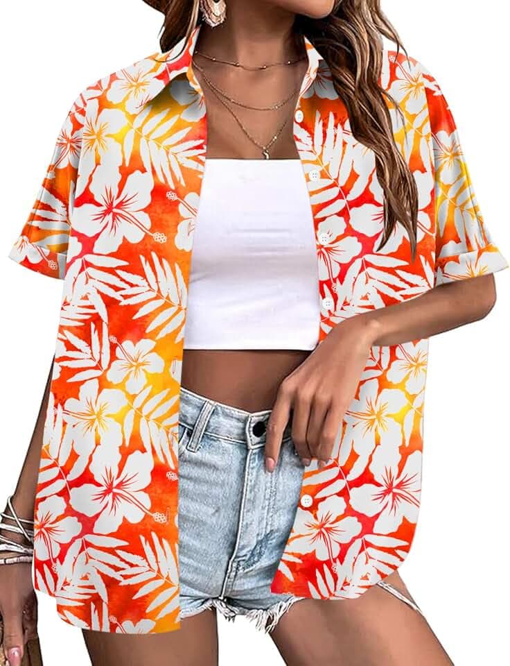 LOMON Women's Summer Hawaiian Shirts Floral Short Sleeve Button Down Shirts