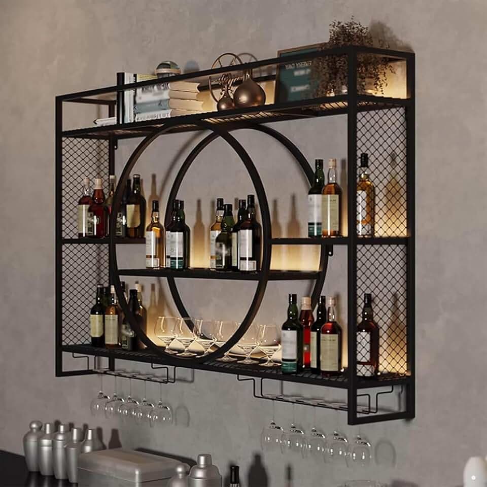 Liquor Bottles Bar Shelves Wall Mounted with LED Lighting Glass Holder, Wine Rack 3-Tiers Display Storage Organizer Hanging Long Stemware Goblet Metal for Home Cellar Black 55in