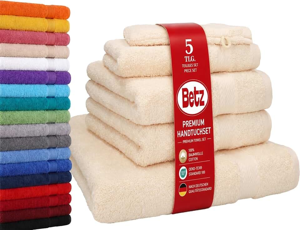 Betz Premium Frottier Handtuch-Set 5-teilig - 1x Liegetücher - 2X Handtücher - 1x Gästetücher - 1x Waschhandschuh - beige