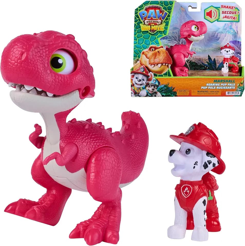 PAW PATROL: Der Dino Film, Roaring Pups, Marshall & Rhabarber Dino-Figur, der durch Bewegung mit realistischen Brüllgeräuschen reagiert, multisensorisches Spielzeug für Kinder ab 3 Jahren