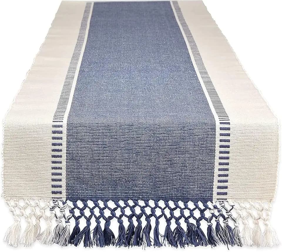 BEEKAY Dobby Strip Woven Natural Cotton 13 Inch X 72 Inch Table Runner These Farmhouse Style Boho Handmade with Tassel Table Runner for Dining Table Holiday Party, Dresser Decorations - French Blue