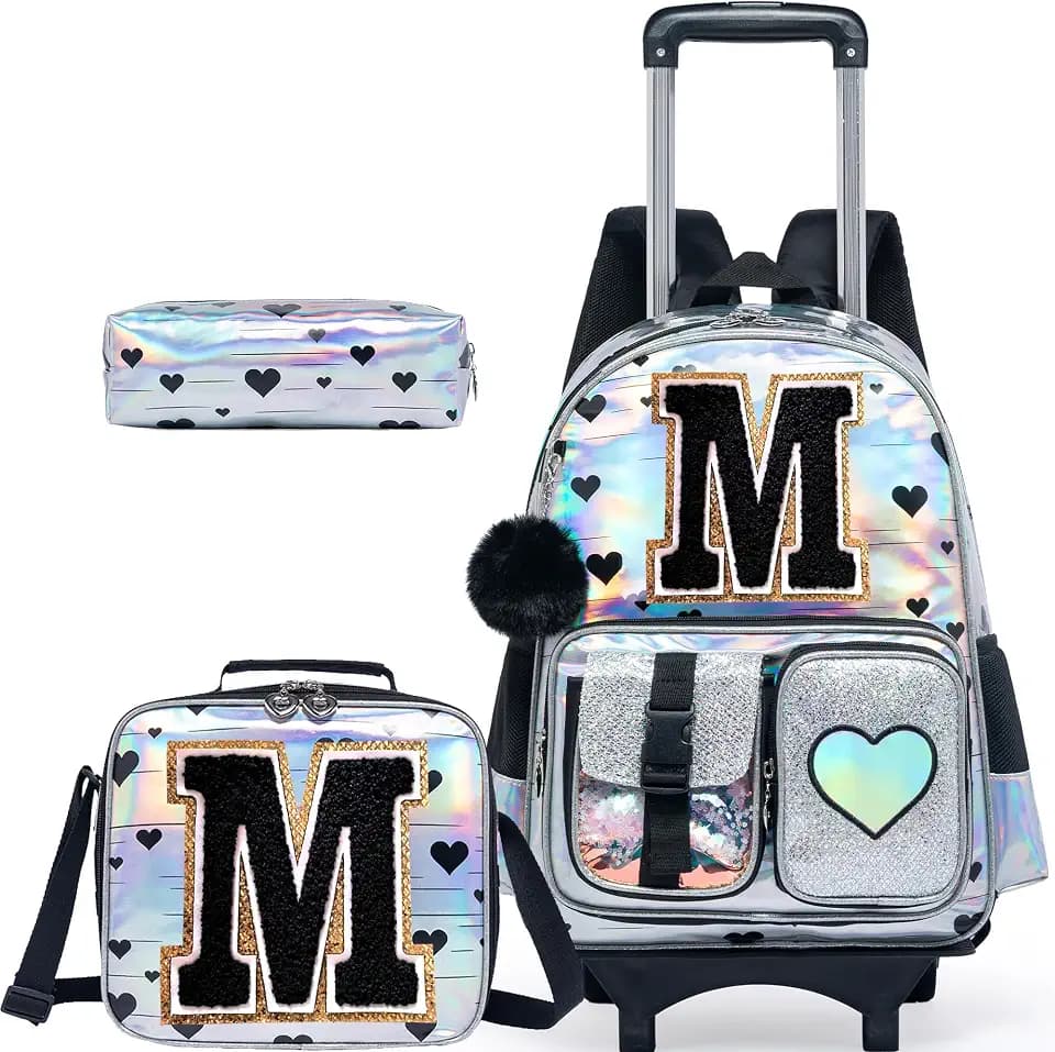 HTgroce Cute Rolling Backpack with Wheel,School Backpack for Kids Girl Roller Schoolbag Wheeled Backpacks Set Carry-on Luggage,Initial M