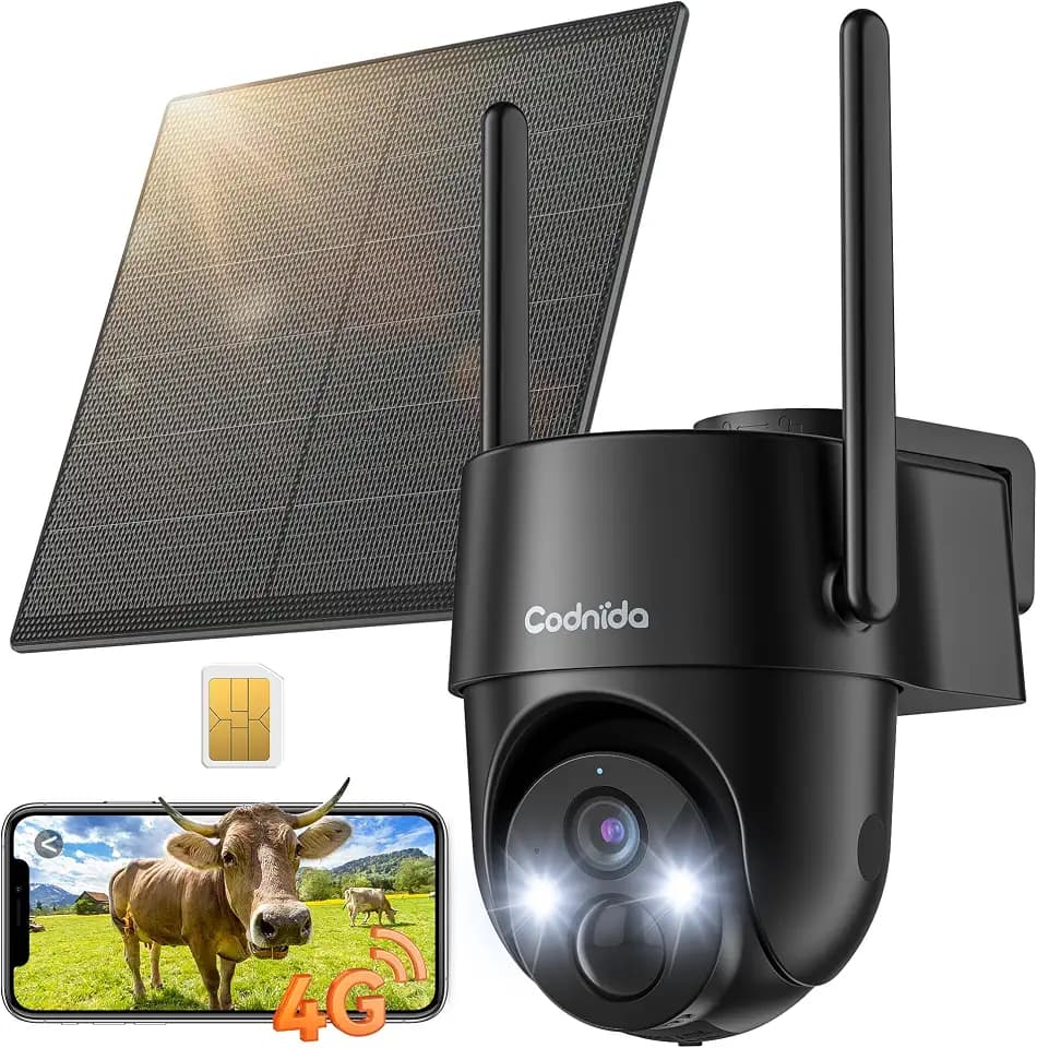 Codnida 4G LTE Zellulär Überwachungskamera Aussen mit SIM Karte 2K HD,Kein WiFi Solar Kamera,Farb-Nachtsicht,PTZ,IP65 Wasserdicht Schwarz