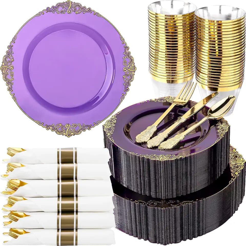 Nervure 350Pcs Purple Plastic Plates, Plastic Dinnerware Set for 50 Guests