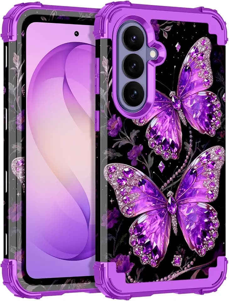 LONTECT for Galaxy S26 Plus 5G Case Shockproof 3 in 1 Heavy Duty Rugged Hard PC+SoftHybrid Sturdy High Impact Drop Protective Cover Flower Case Grow in the Dark,Amethyst