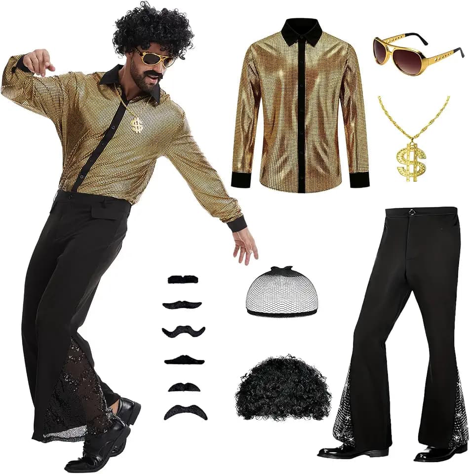 70er Jahre Disco Outfit Herren,7 teiliges Retro Outfit mit Perücke