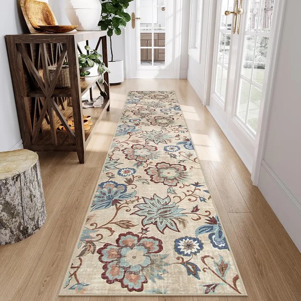 Beeiva Floral Hallway Runner Rug, Vintage Beige 2.5x12 Lightweight Kitchen Rugs Non Slip Washable, Printed Distressed Ultra Thin Foldable Rug Runner for Bedroom Bathroom
