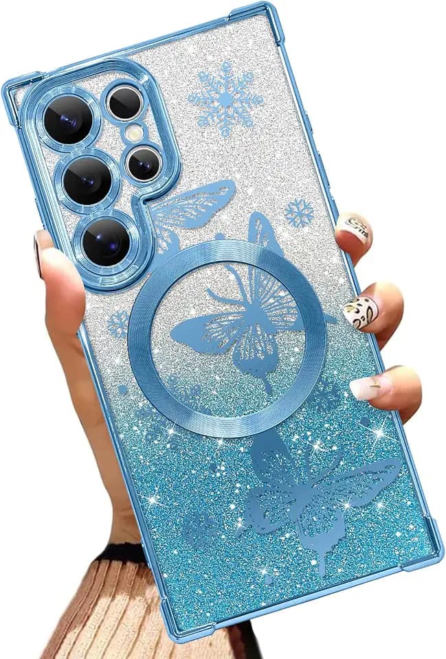 Glitter Phone Case for Samsung Galaxy S26 Ultra, Blue Butterfly