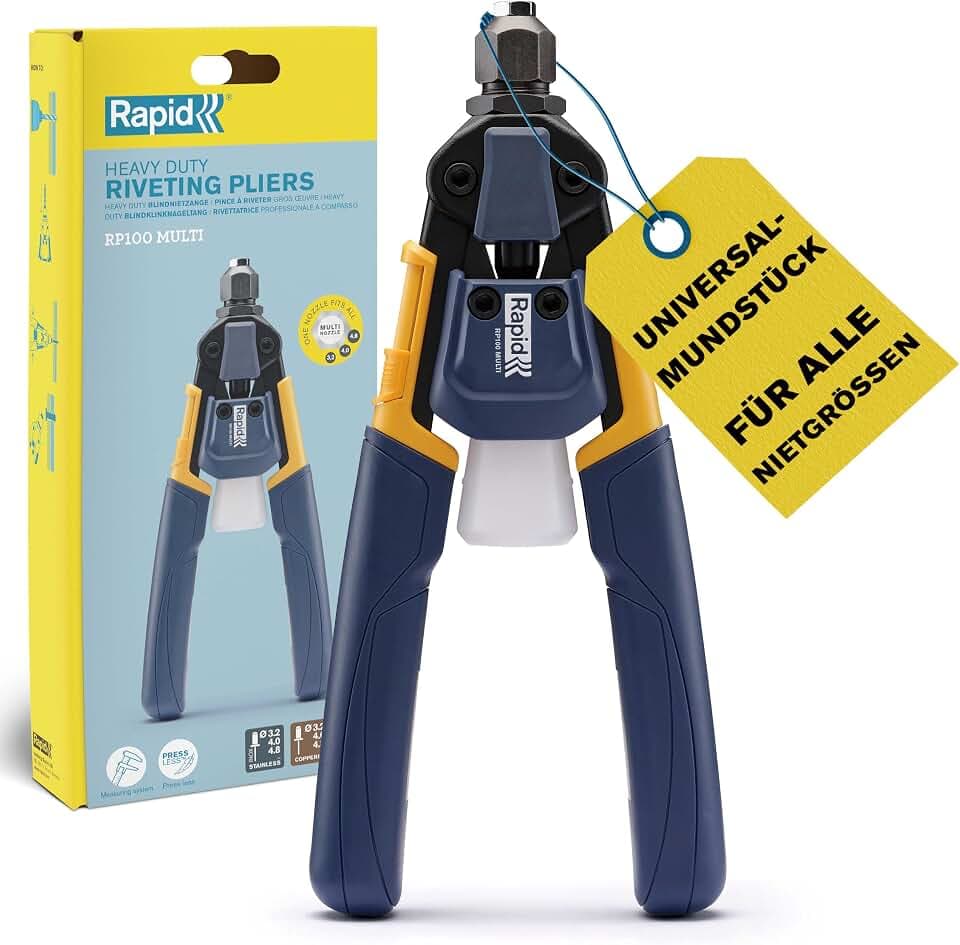 Rapid RP100 Multi Nietzange krafstparend und für Blindnieten 3,2–4,8 mm | Aluminium- & Edelstahlnieten (3,2-4,8 mm); Universalmundstück; kraftsparende Mechanik; Messschieber