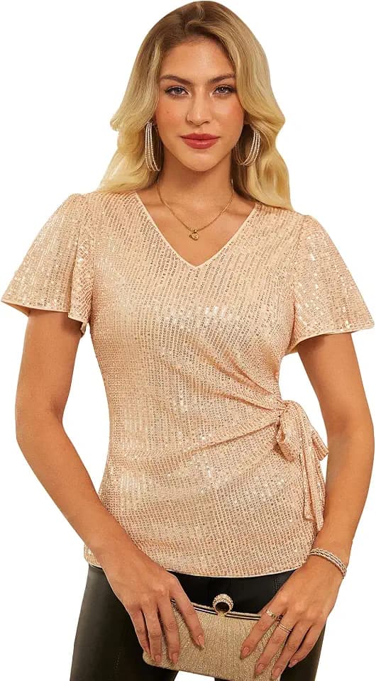 GRACE KARIN Damen Pailletten Oberteil Elegantes Glitzer Kurzarm Blusen