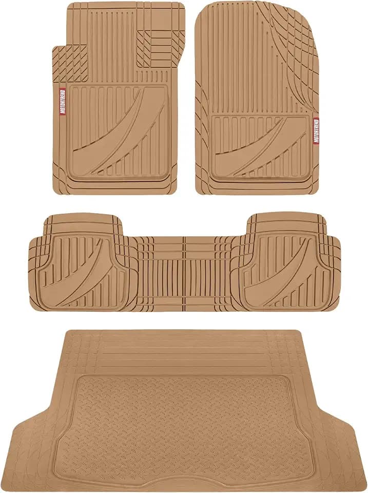 Motor Trend FlexTough™ Heavy Duty Rubber Beige Car Floor Mats All Weather & Jumbo SUV Cargo Liner Full Set - Universal Trim to Fit Automotive Floor Mats & Trunk Mats for Cars Interior Accessories