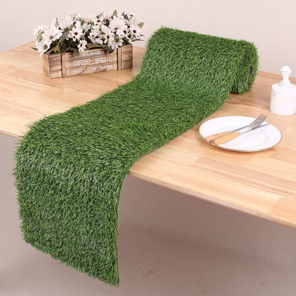 Kesfey 12 x 90 Inch Artificial Faux Grass Table Runner Green for Golf Decor