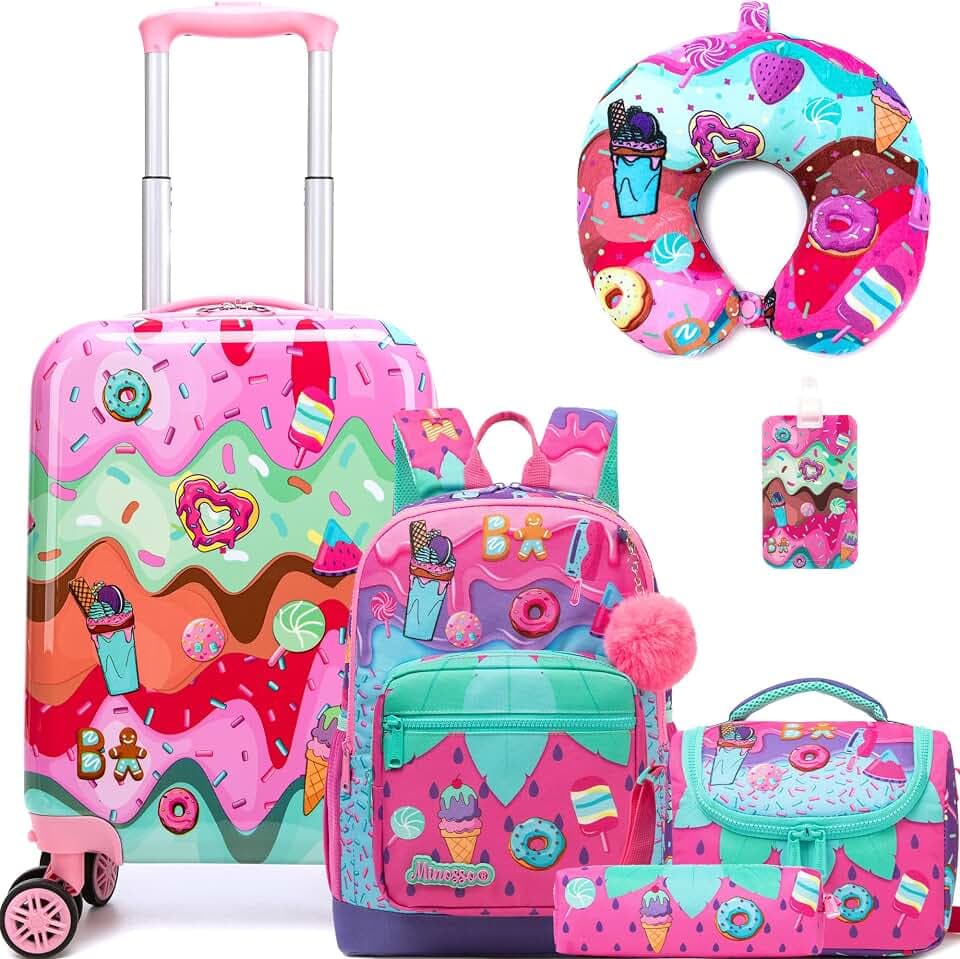 Cute Kid’s Luggage Set 5 Piece Suitcase Set 16’’ Hardside Luggage with Spinner Wheels Girls Carry on Toddler Travel Rolling Suitcase Carry on Luggage Airline Approved