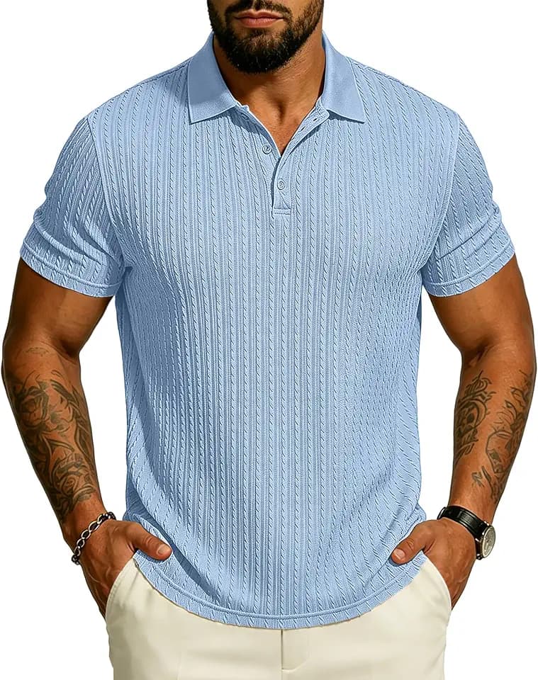 UOUA Mens Polo Shirt Texture Knitted Button T-Shirt Casual Short Sleeve Summer Vacation Golf Shirts