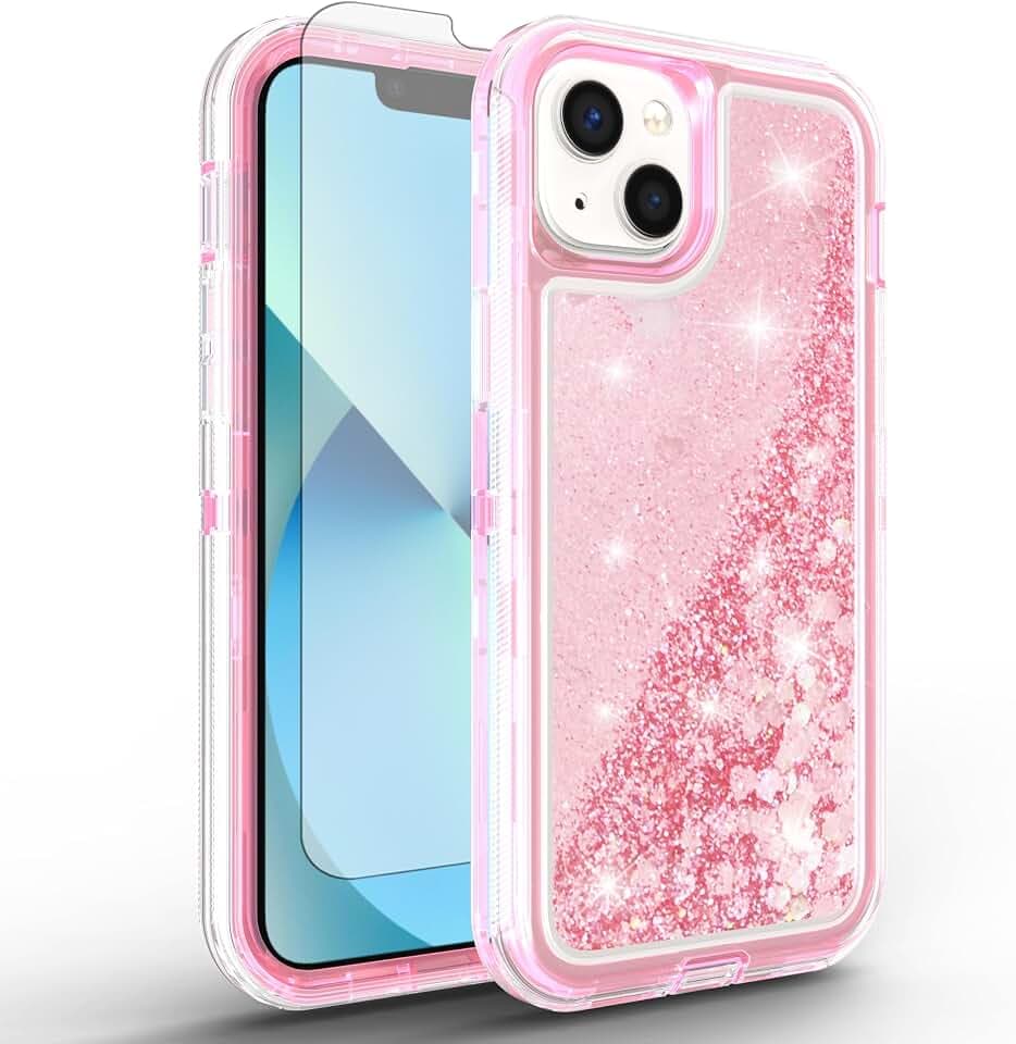 Asuwish Phone Case for iPhone 14 Plus 6.7 inch with Screen Protector Bling Liquid Glitter Clear Hybrid TPU Military Grade Protective Cell Cover i-Phone 14+ iPhone14Plus 5G i i14 + iPhone14 14Plus Pink