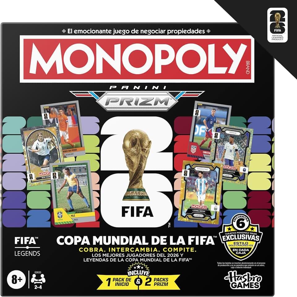 Monopoly Panini Prizm: FIFA World Cup I Brettspiel mit Fußballthema und Sammelkarten Monopoly Panini Prizm FIFA Weltmeisterschaft 2026 I Alter 8+ - spanische Version