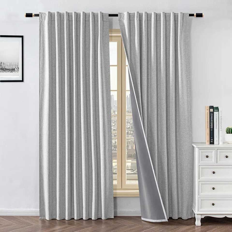 100% Blackout Curtain Drapes Faux Linen(52W×90Linch,White)