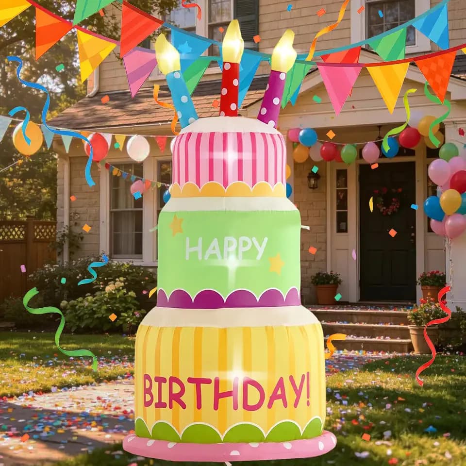 HZGDEJTG6FT Inflatable Birthday Cake Decoration, Outdoor Inflatable Decoration with Built-in LED Lights