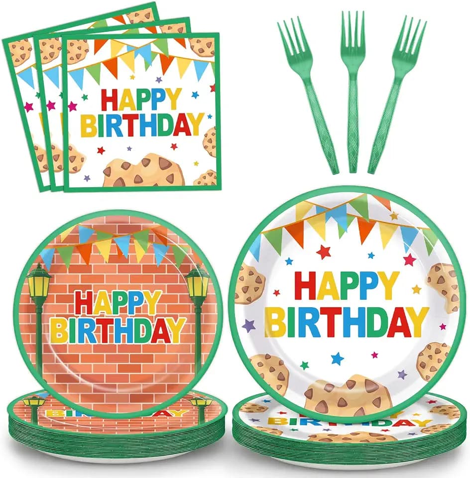 96Pcs Red Brick Wall Street Paper Plates and Napkins Street Theme Birthday Party Supplies Cookie Cartoon Friends Disposable Dinnerware Tableware Set for Kid Baby Shower Table Party Decoration Serve 24