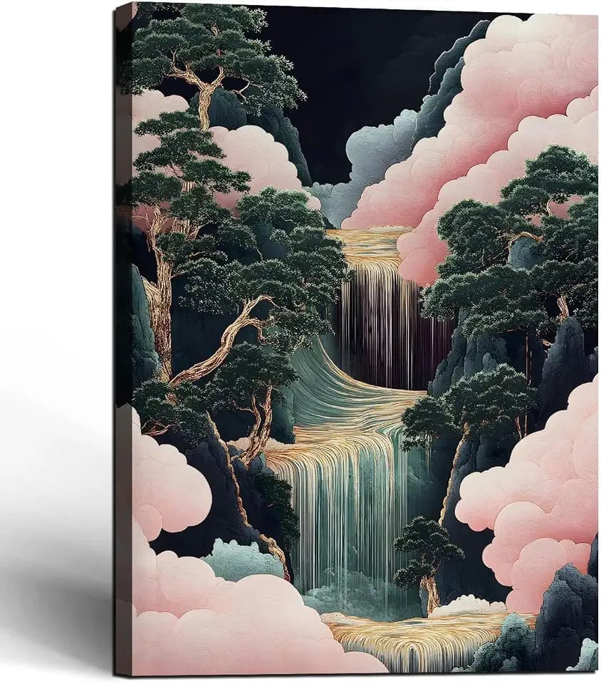 Japanese Waterfall Landscape Picture Pink Clouds Canvas Wall Art 16x24 Inch