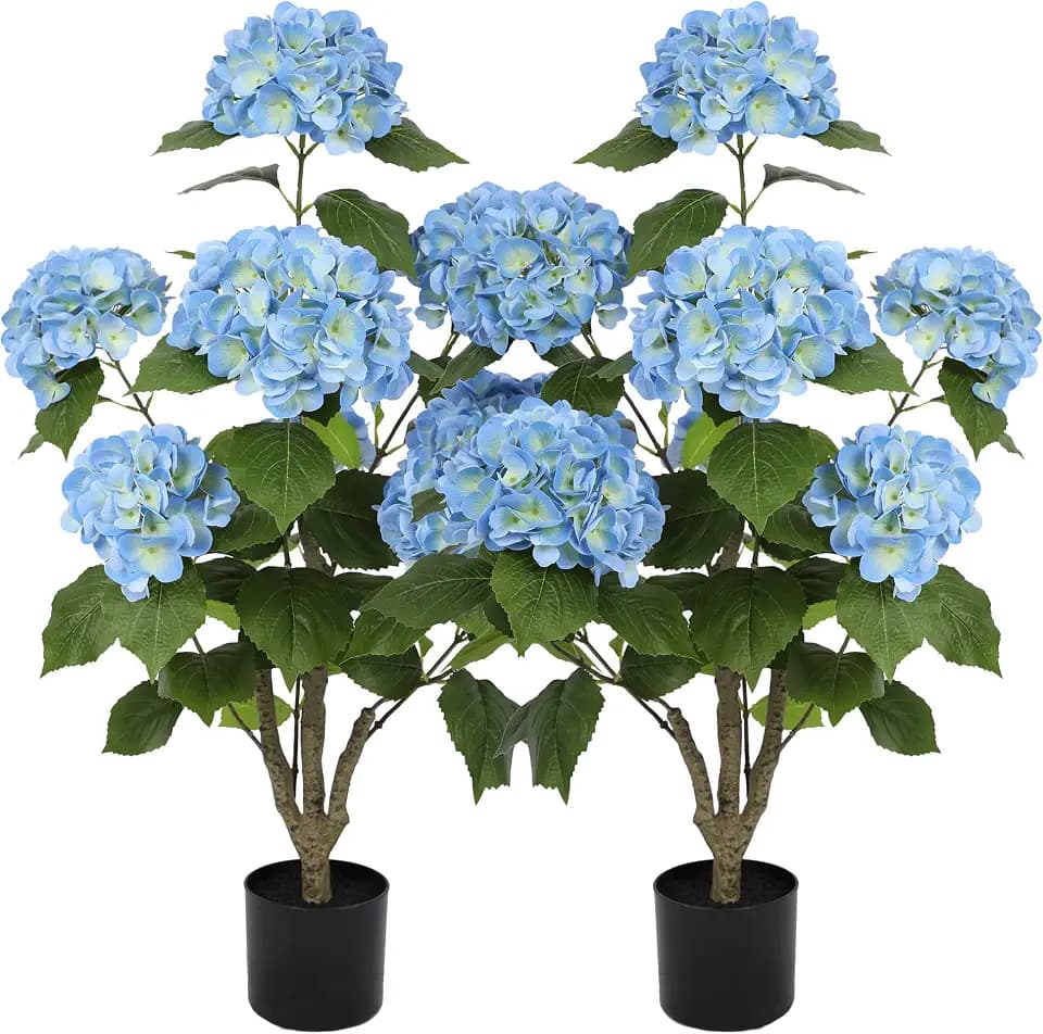Nafresh 3FT Real Touch Faux Hydrangea Tree Outdoor, 2 Pack Blue Hydrangea Tree Artificial with Vibrant Blooms, Faux Hydrangea Bush for Indoor Outdoor Home Front Porch Pation Decor