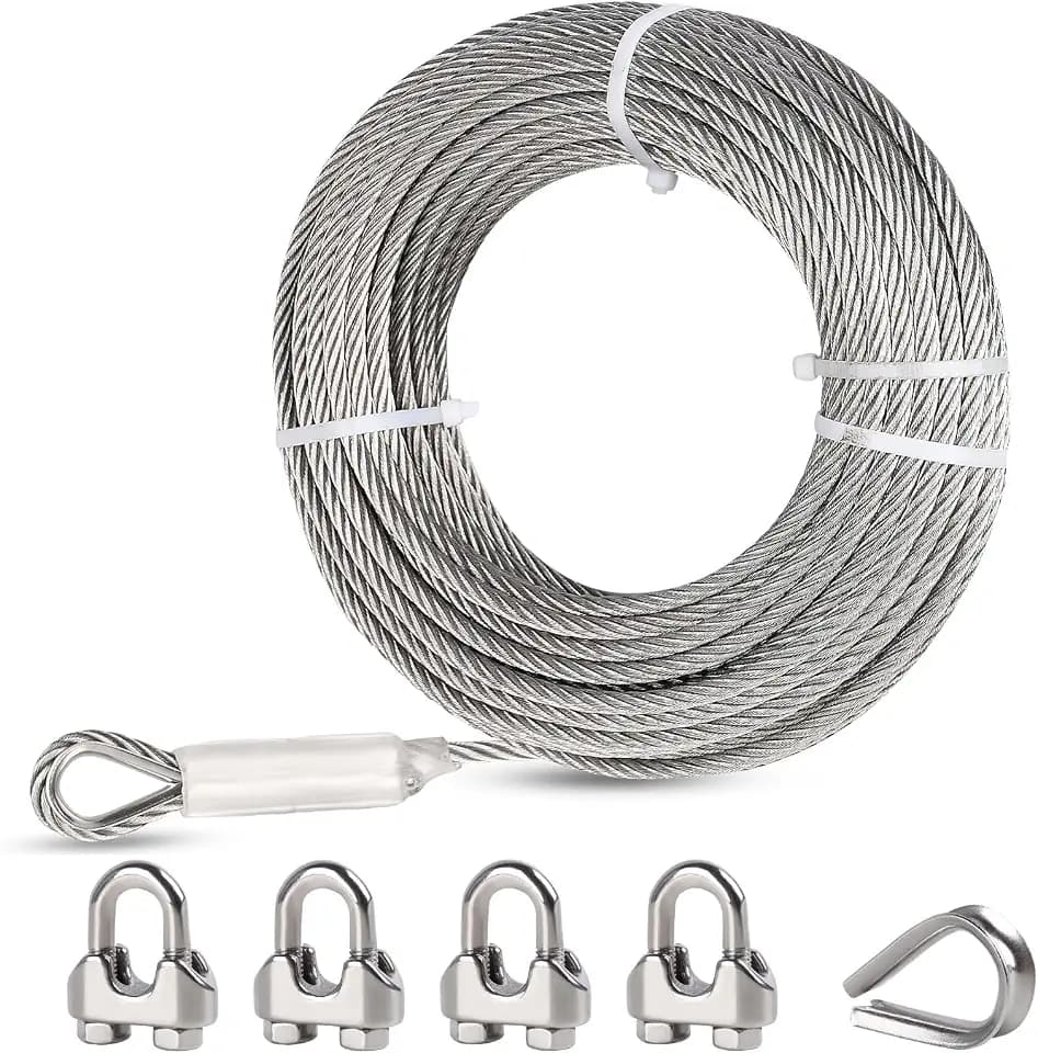 1/2" Stainless Steel Cable, 50 ft Wire Rope with Clamps & Thimble