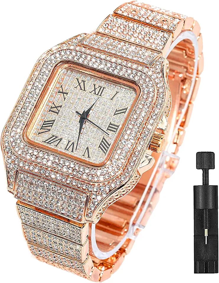 Apzzic Diamond Iced Out Watch CZ Gold Plated 40mm Width Roman Numerals Dial Quartz Wristband Watch for Men Women