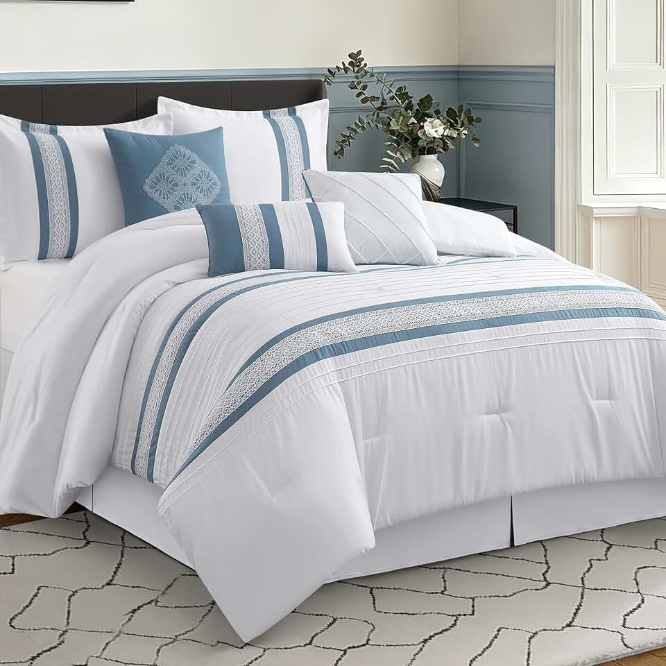 LANCO MODERN LIFESTYLE 7 Piece Comforter Set, Blue White, California King, Boho Style Geometric Microfiber Embroidery, Bed in a Bag with Bedskirt, Pillow Shams and Decor Pillows