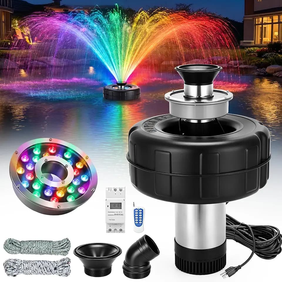 Pond Fountain Aerator with Lights, 1HP 15000 GPH, RGB, Large Ponds & Lakes