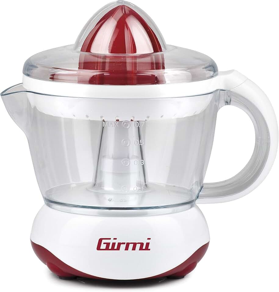 Girmi SR02 Elektrische Zitruspresse, 25 W, 700 ml Kapazität, Komplett zerlegbar, Filtersieb, Doppelrichtungsrotation, Zwei Presskegel für kleine und große Früchte, Rot/Weiß