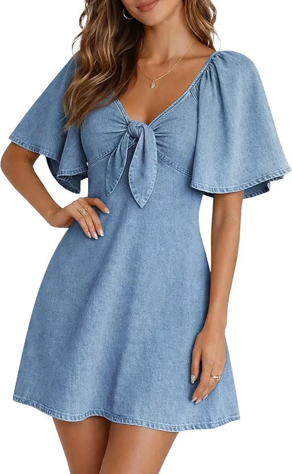 BISUAL Womens Denim Dress Tie Front Neck Flutter Sleeve Jean Western Dress