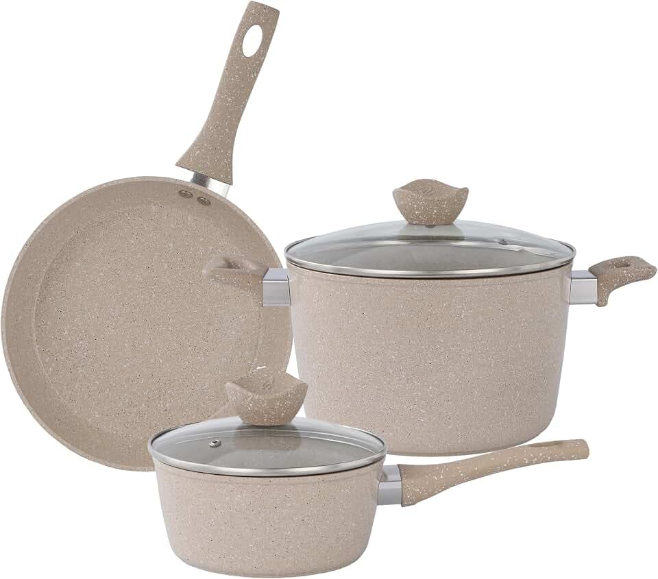 Lorren Home Trends Cookware Set, Beige Granite, Non-Stick Coating, 10-Inch Fry Pan, 5-Quart Stock Pot with Glass Lid, 1.6-Quart Sauce Pot with Glass Lid, 5-Piece