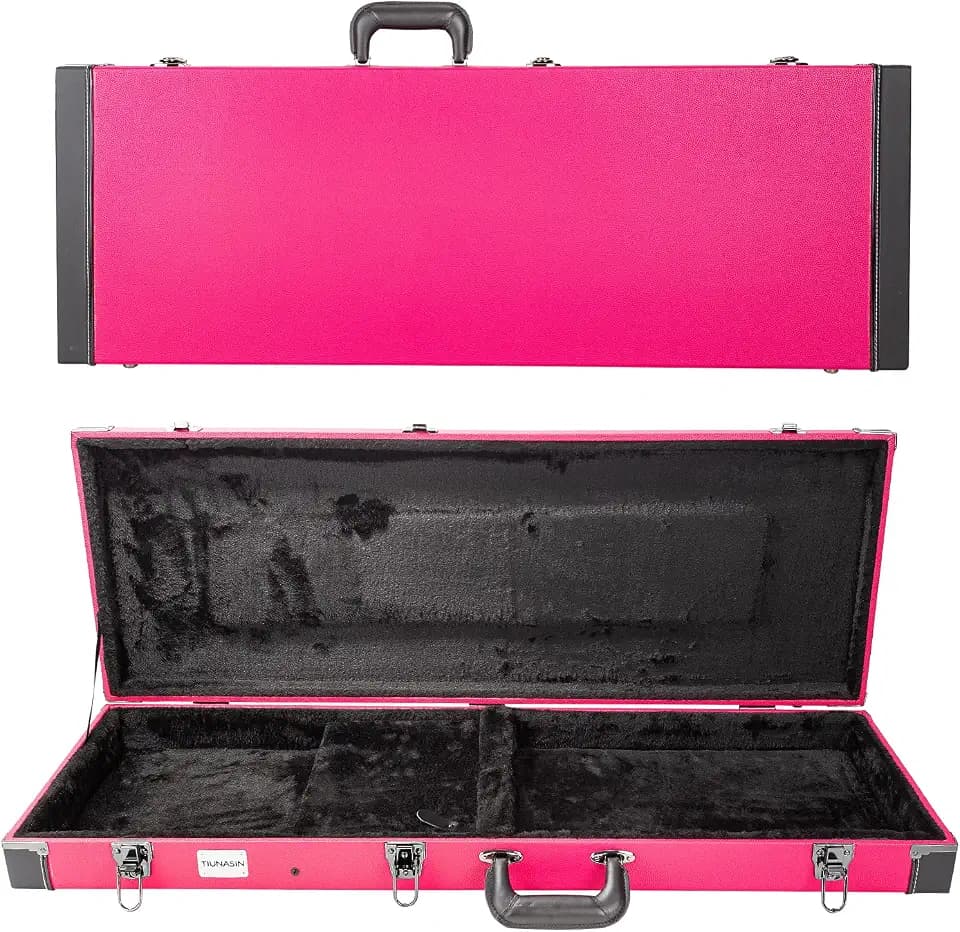 39 Inch Electric Guitar Hard Case, Lockable Wooden Guitar Storage Box with Plush Interior, Leather Handle & Accessory Compartment for Standard Strat Tele Style Guitars, Pink