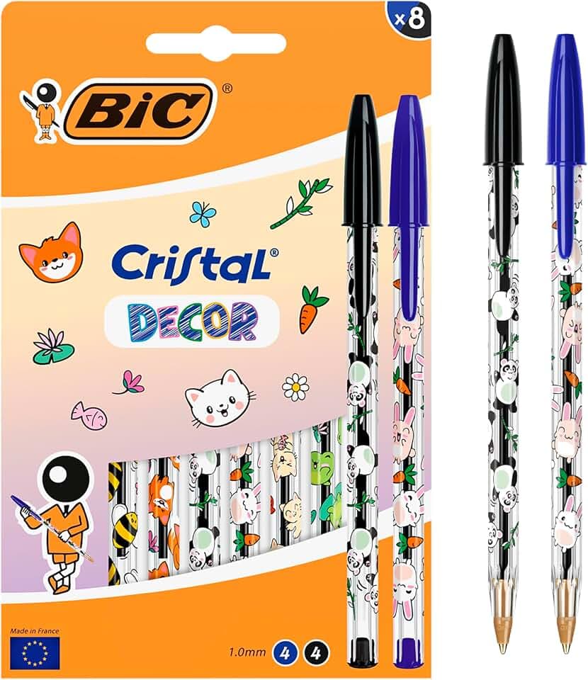 BIC Cristal Decors Kawaii Kugelschreiber mit mittlerer Spitze (1,00 mm) sowie blauer und schwarzer Tinte – verschiedene Kawaii-Designs, Packung à 8