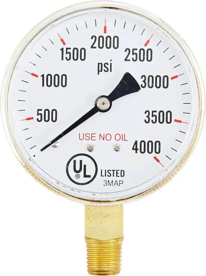 PIC Gauge 501D-UNO-254Q 2.5" Dial, 0/4000 psi Range, 1/4" Male NPT Connection Size, Bottom Mount Dry Oil Free Pressure Gauge with a Polished Brass Case, Copper Alloy Bourdon Tube, and Twist-on Plastic Lens