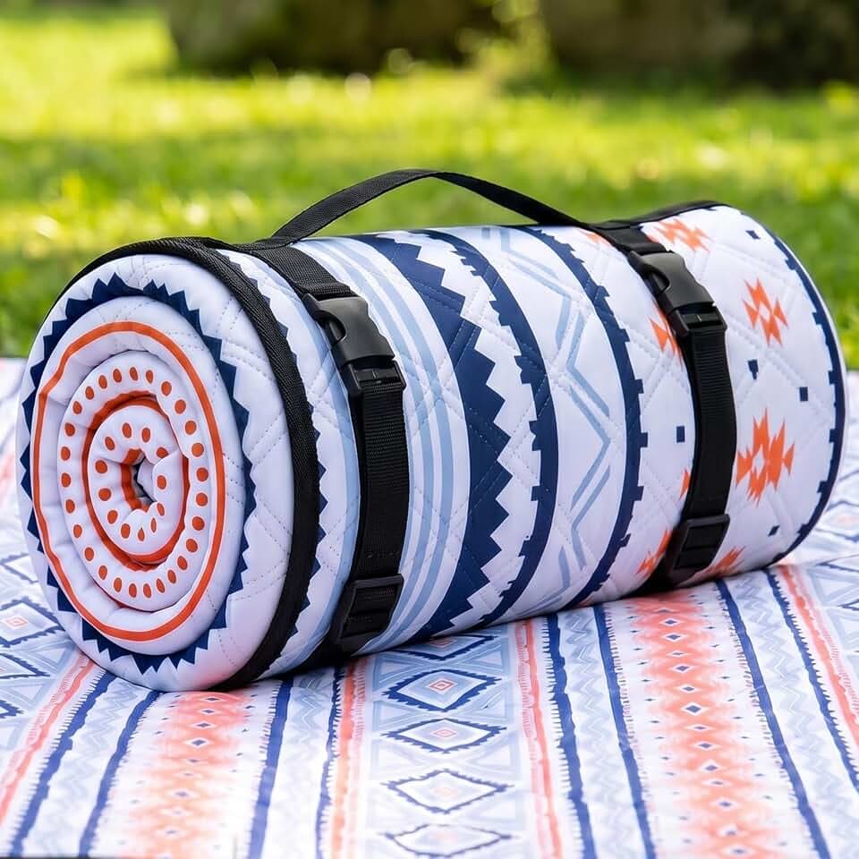 Wolfwise Picknickdecke Wasserdicht, 200x200 cm große Stranddecke, Faltbare Picknick Decke mit Verstellbaren Gurten & Schultergurt, Picknickdecke Isoliert für Garten, Wiese, Blau-Rosa