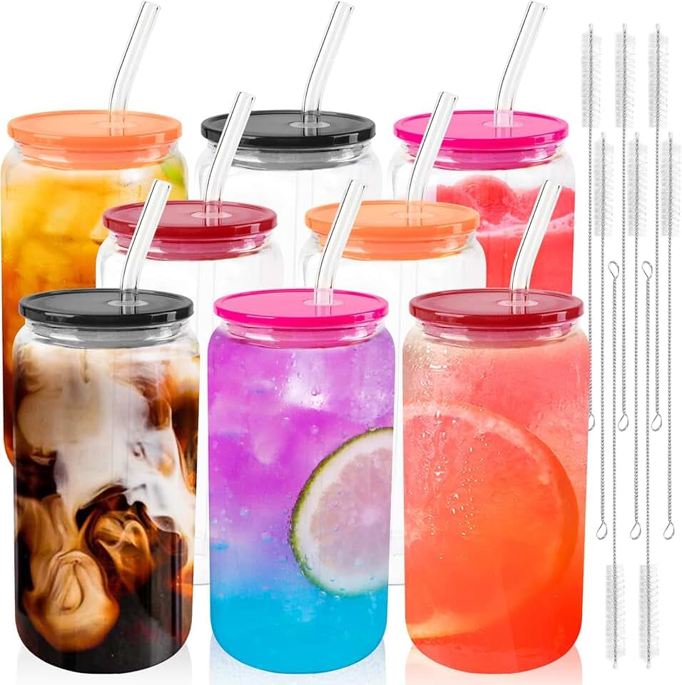 Joyclub Can Glass Cups 8 Pack 16 oz with Dark Color Lids and Straws