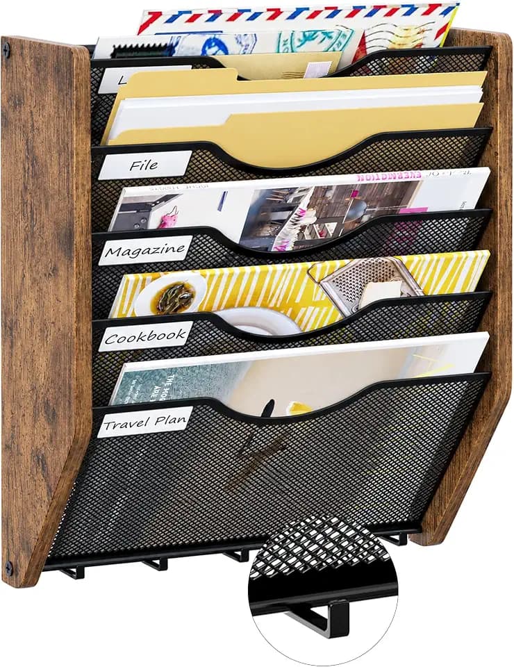Hanging Wall File Organizer, 5 Tier Mail Organizer with Hook, Brown