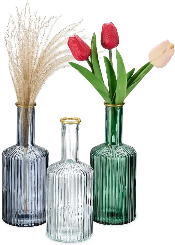 Relaxdays Vasen aus Glas, im 3er Set, Blumenvasen in Flaschenform, H x D: 20,5 x 8 cm, Dekovasen gerillt, Mehrfarbig