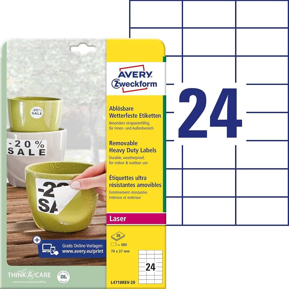 AVERY Zweckform L4718REV-20 Wetterfeste Folienetiketten (480 Aufkleber, 70x37mm auf A4, selbstklebend, wasserfest, wiederablösbar, strapazierfähig, bedruckbare Outdoor Klebefolie) 20 Blatt, weiß