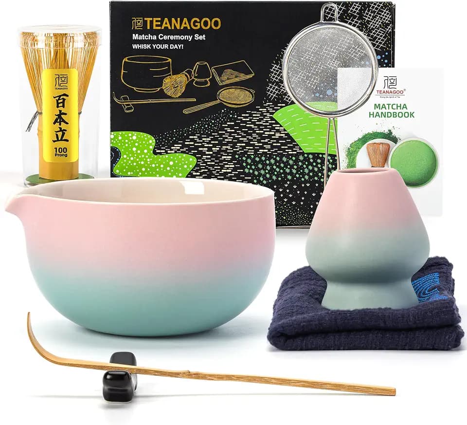 TEANAGOO Matcha Set mit Ausgießer, Rosa/Salbeigrün, Bambusbesen