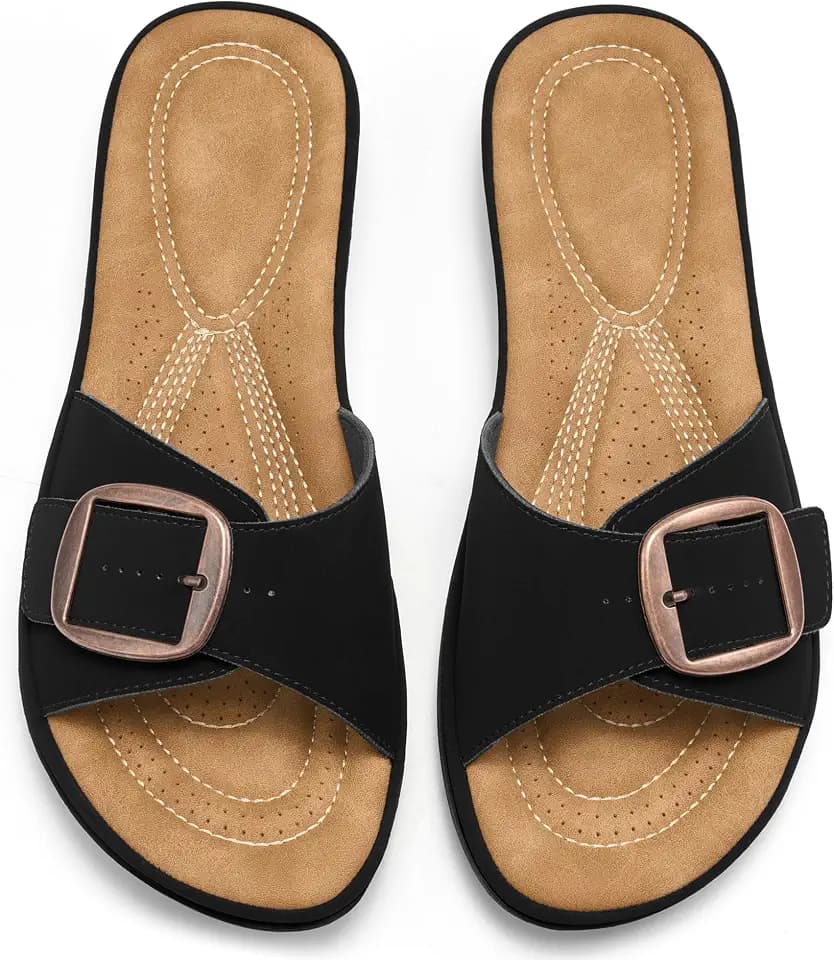 Ecetana Womens Flat Slides Sandals Comfortable with Adjustable Buckle