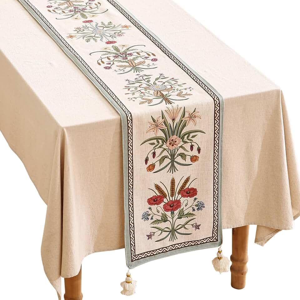 ISAENNE Designer Vintage Linen Long Table Runner,102"x12"-Serenity F