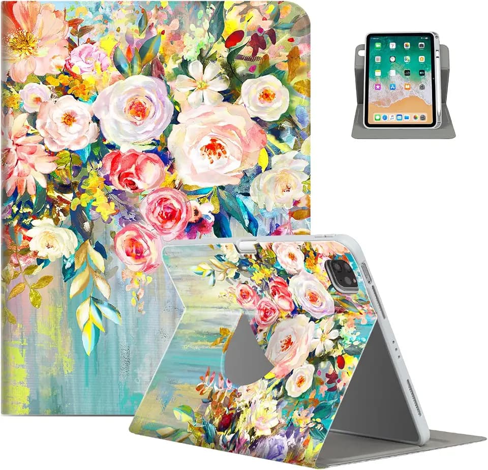 for iPad Air 11 Inch Case M4/M3/M2 2026, 360 Degree Rotating for iPad Air 5Th/4Th Gen Cases 10.9-inch,for iPad Pro 11 Inch Case 4Th/3Rd/2Nd/1St Generation Pencil Holder, Oil Painting Flower