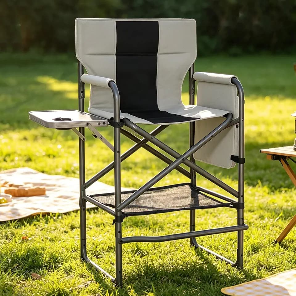 SUNW 30 Inch Bar Height Directors Chair, 400LBS Heavy Duty Folding Camping Chair with Side Pocket Table for Outdoor Makeup, Black