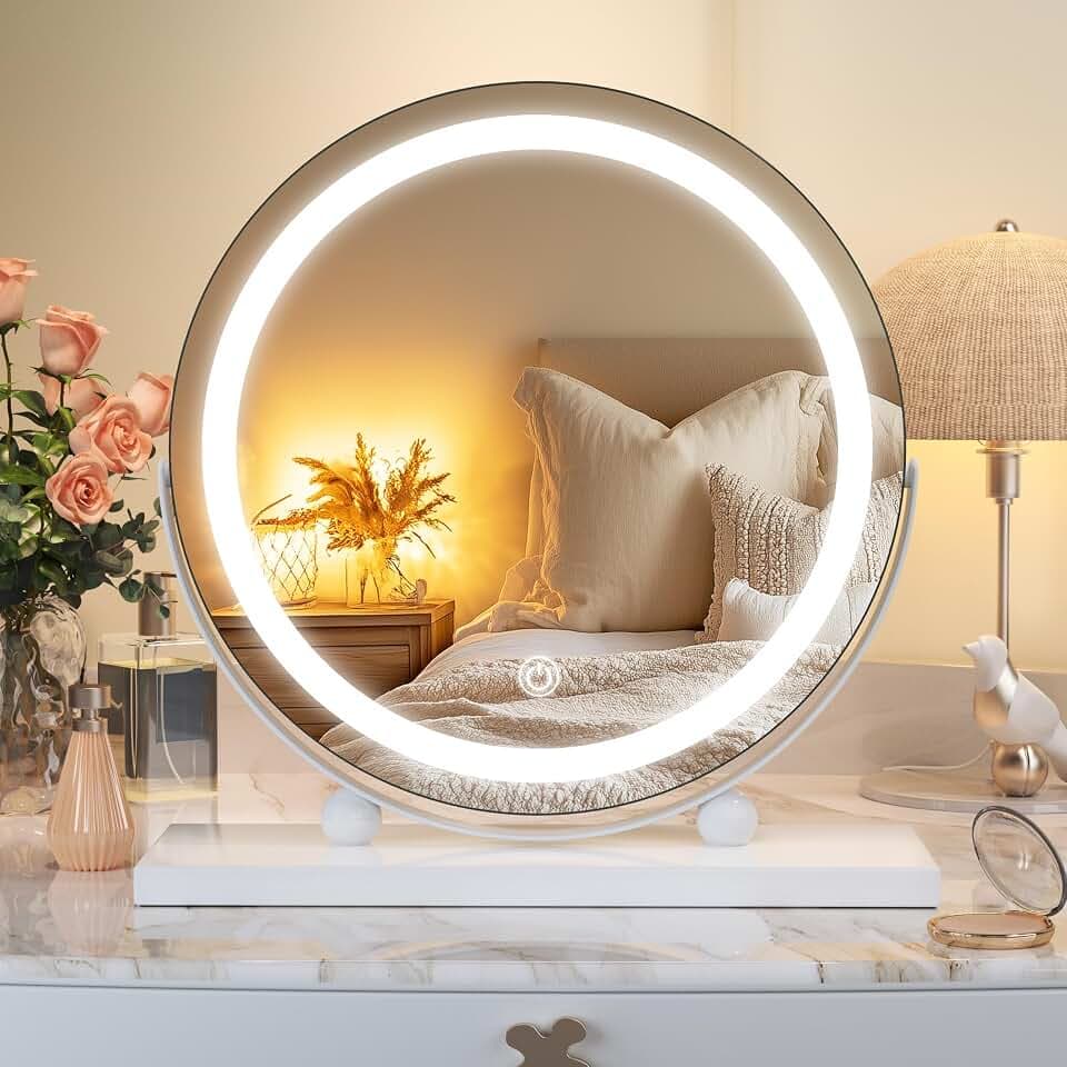 Hasipu LED Kosmetikspiegel Rund 28x28cm, Schminkspiegel mit Beleuchtung, Dimmbar 3 Lichtmodi, Touch-Spiegel mit Memory-Funktion, 360°-Drehung, Weißer Rahmen für Schminktisch